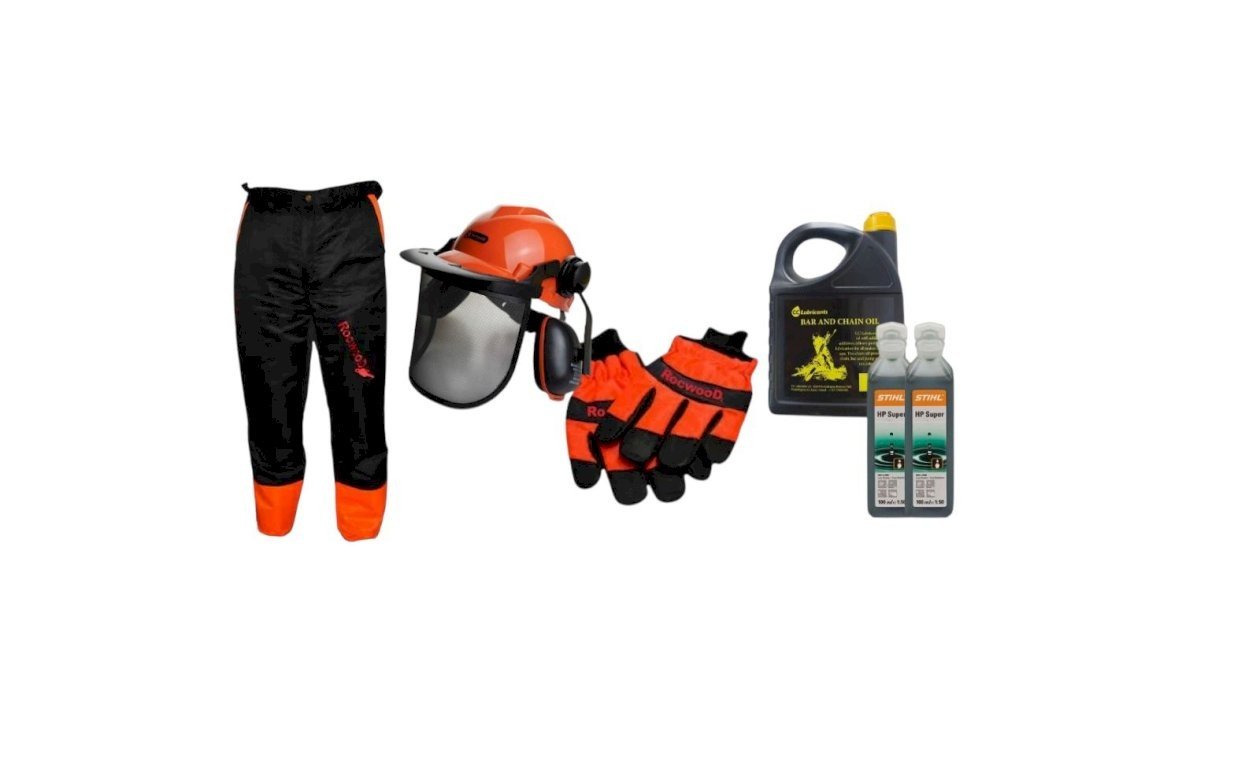 Starter Kit (Safety Trousers, Helmet, Gloves, 2 Stroke Oil, 4L of Chain Oil)